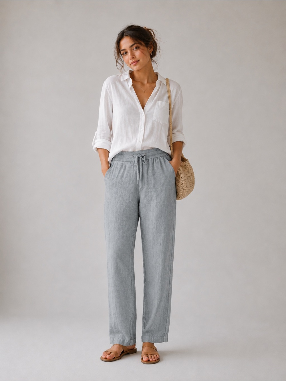 Benson Light blue Drawstring Linen Pants coastal beach relaxed sz large